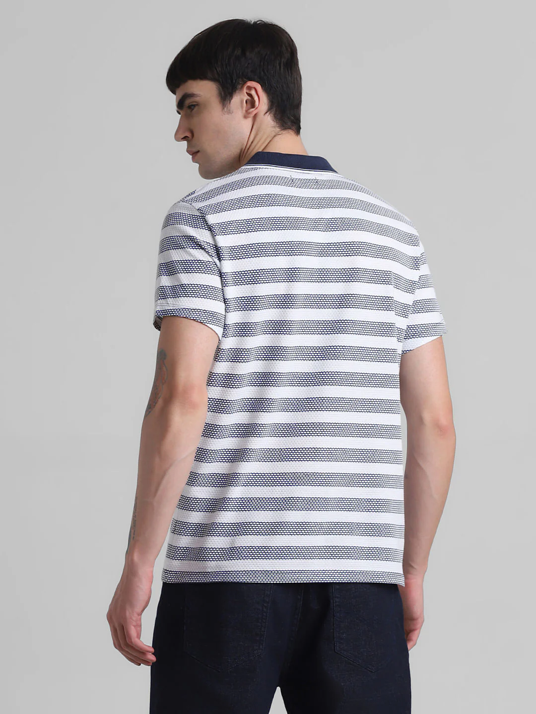 Navy Blue Striped Jacquard Polo T-shirt - Image 4