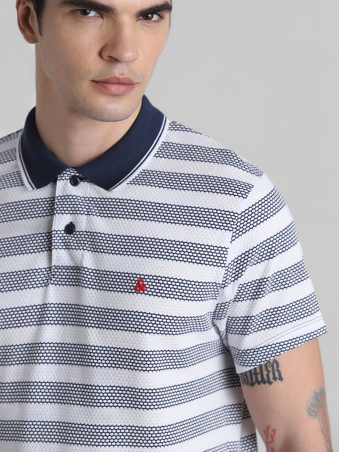 Navy Blue Striped Jacquard Polo T-shirt - Image 5