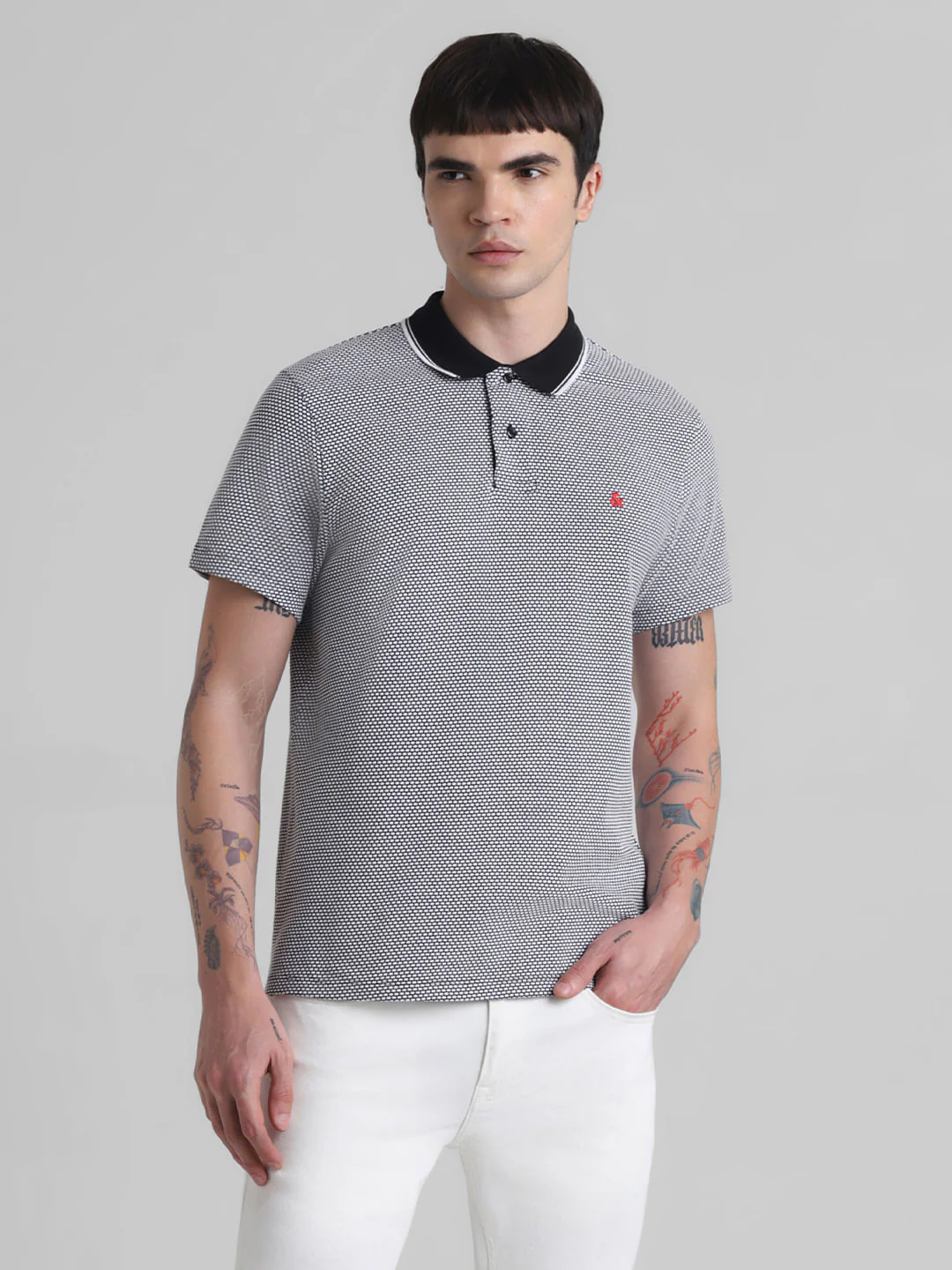 Black Printed Jacquard Polo T-shirt - Image 2