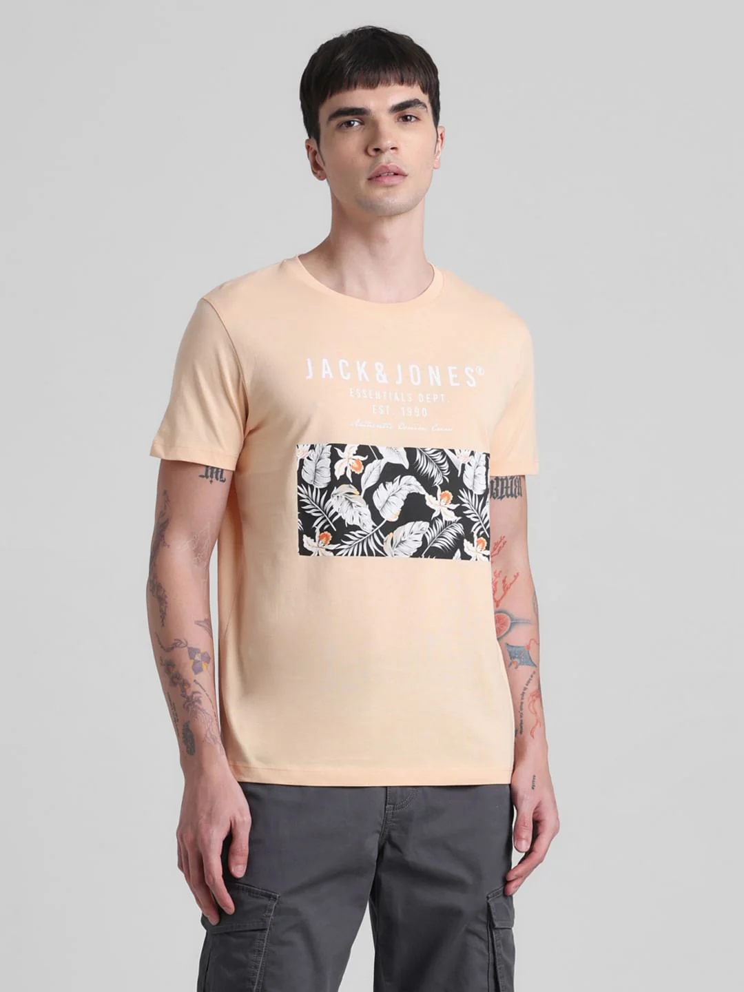 Peach Tropical Print Crew Neck T-shirt - Image 2