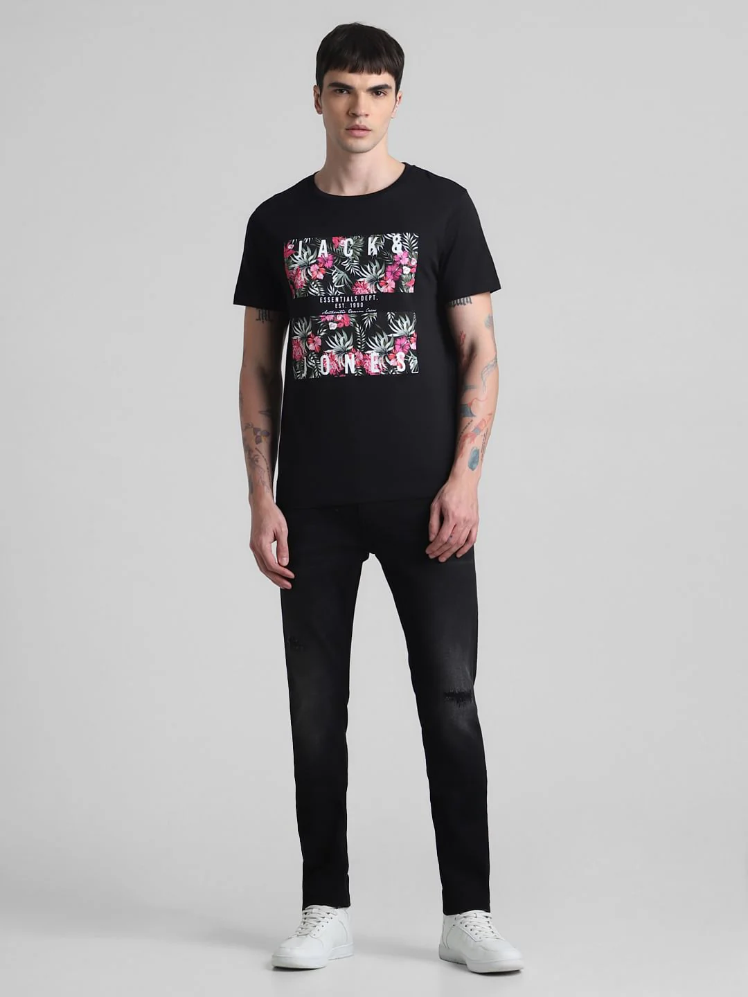 Black Tropical Print Crew Neck T-shirt - Image 6