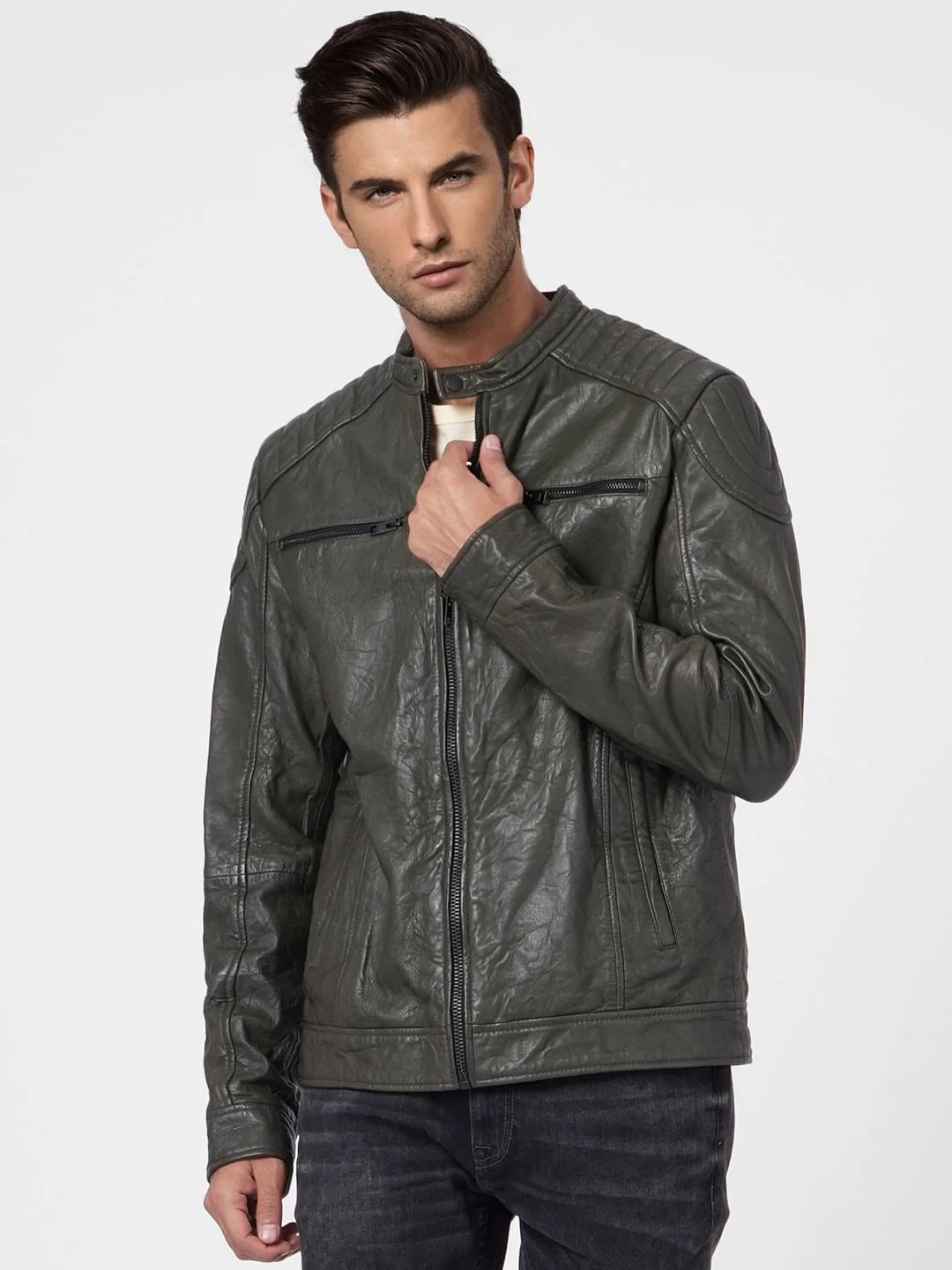 Olive Green Leather Jacket - Image 2