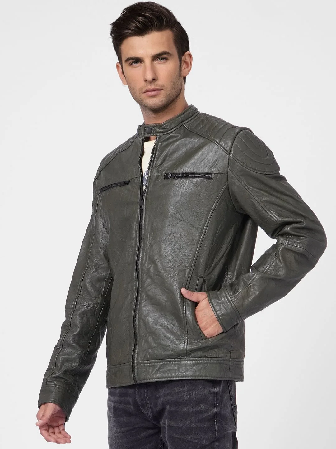 Olive Green Leather Jacket - Image 3