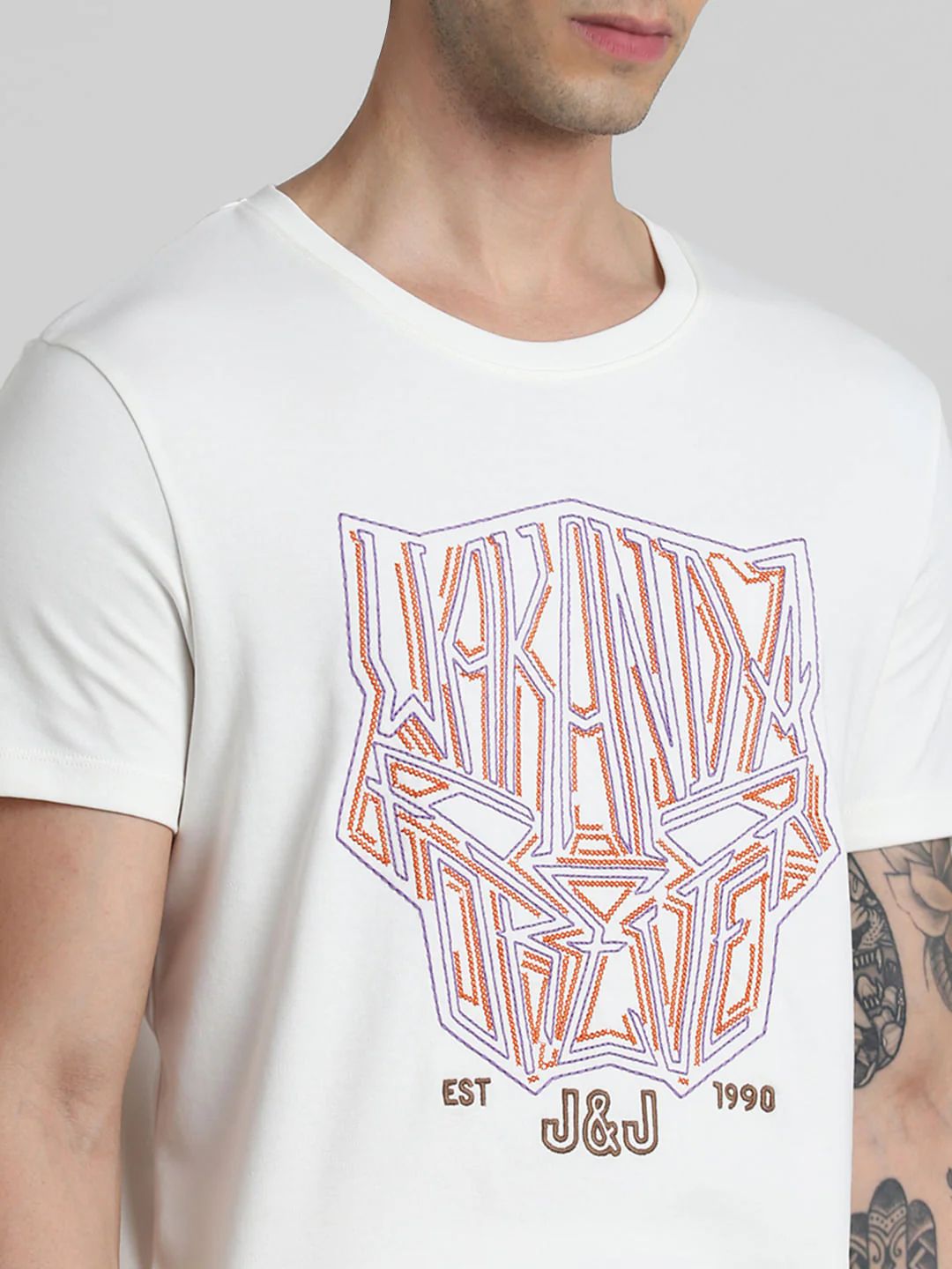 JACK&JONES X BLACK PANTHER White Printed Crew Neck T-shirt - Image 4