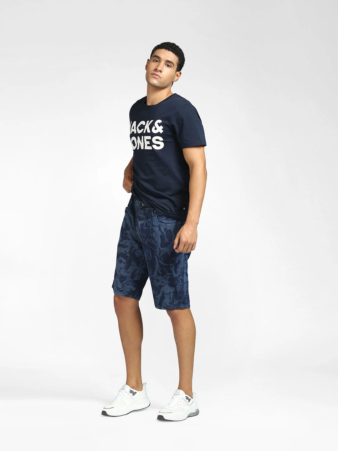 Blue Low Rise Printed Denim Shorts