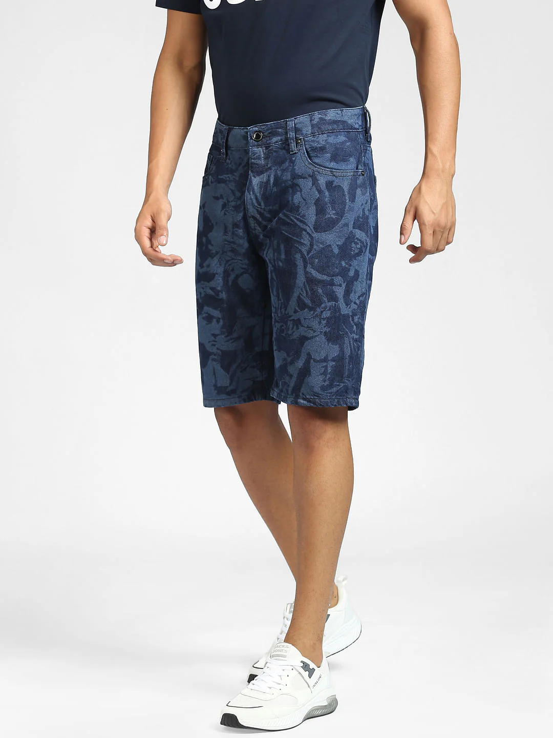 Blue Low Rise Printed Denim Shorts - Image 3