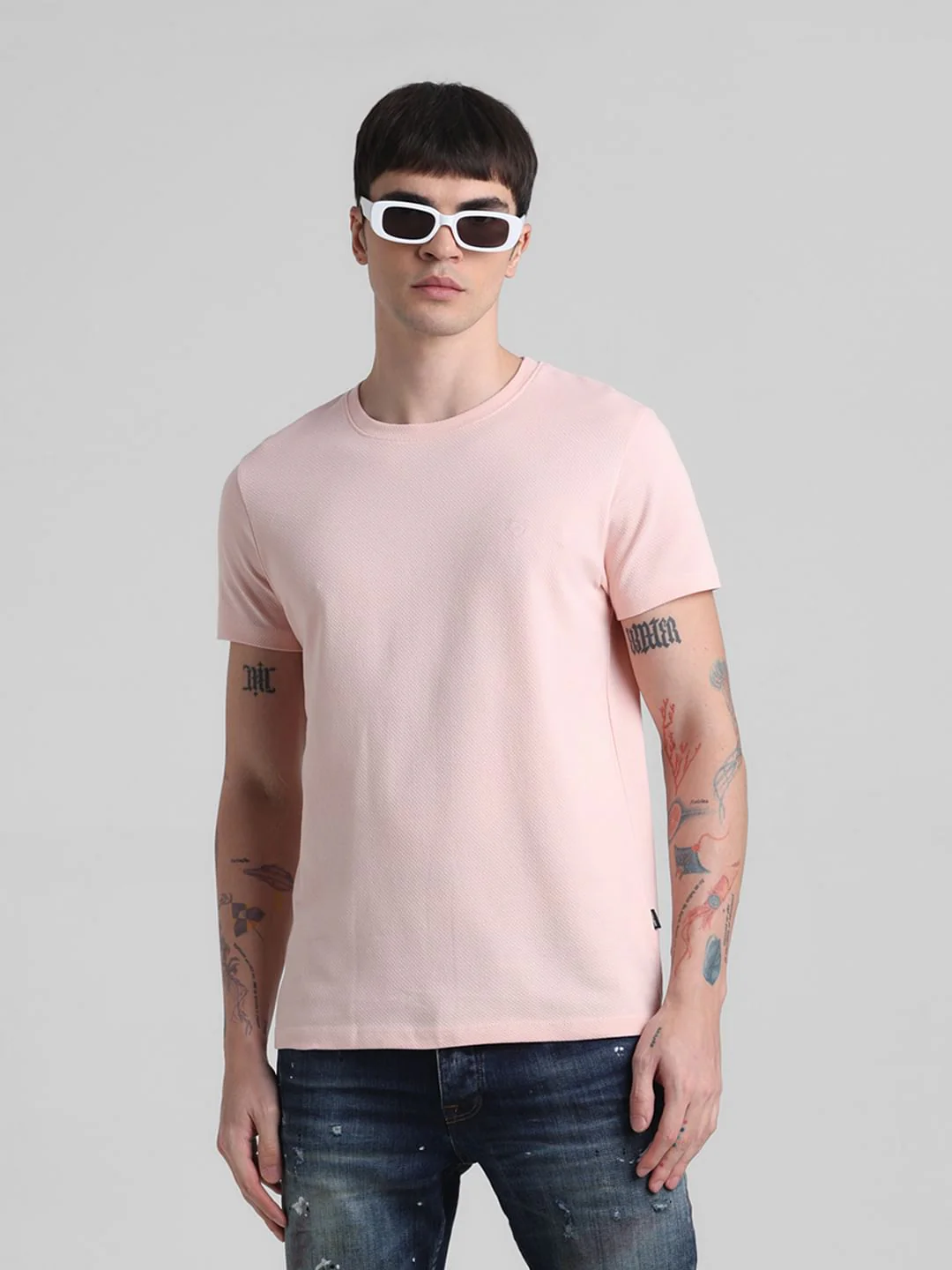 Pink Jacquard Crew Neck T-shirt