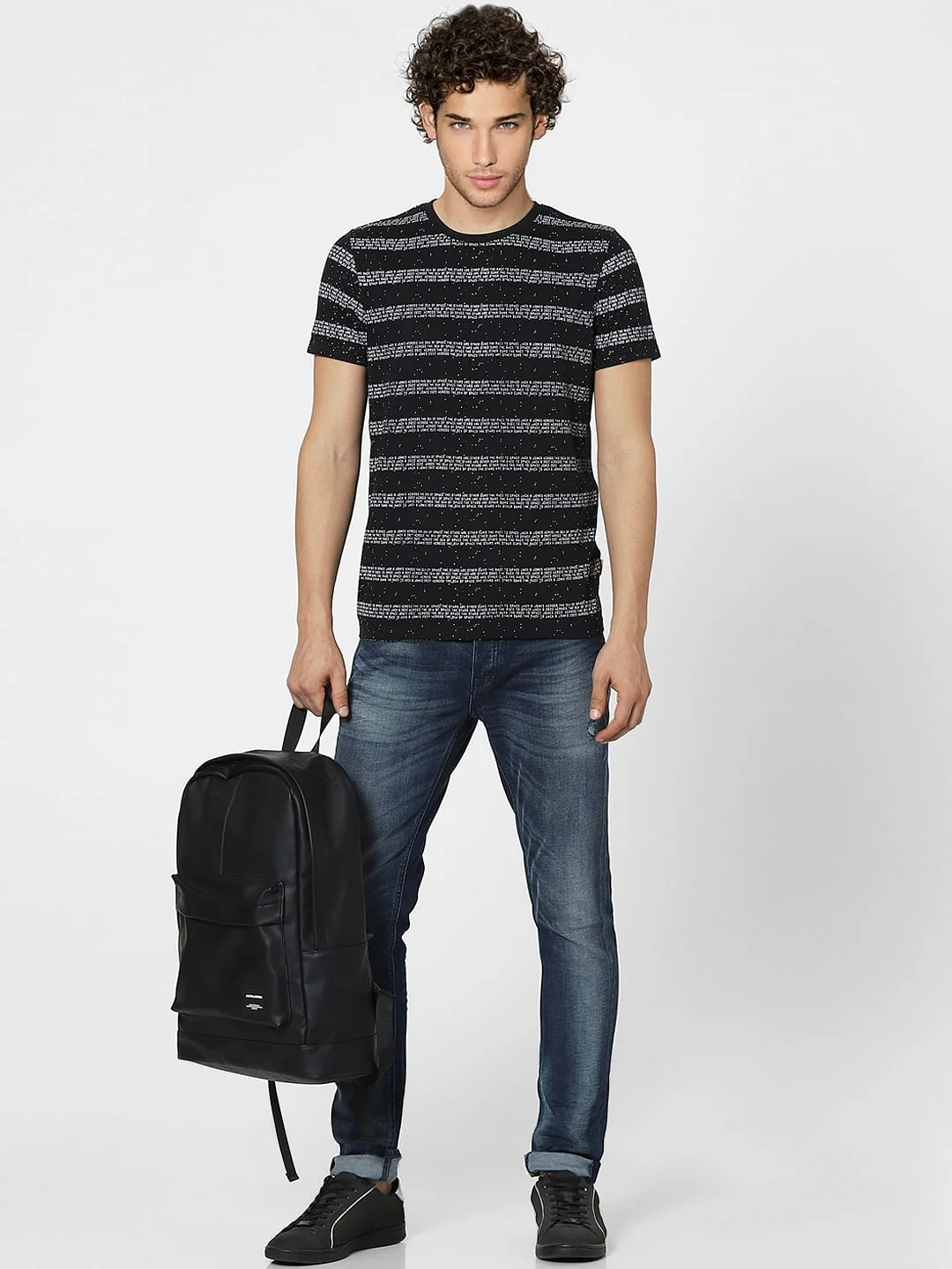 Black Text Stripes Crew Neck T-shirt