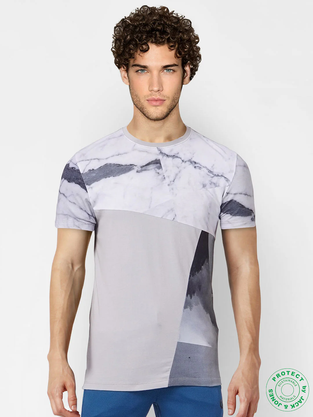 Grey Marble Print Crew Neck T-shirt - Image 2