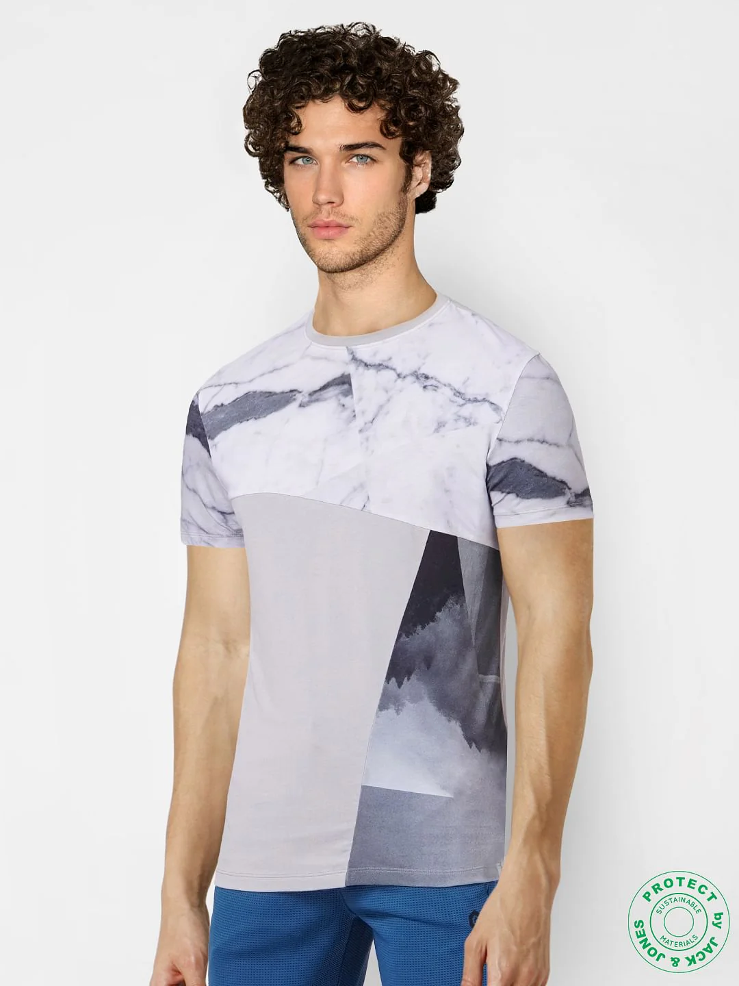 Grey Marble Print Crew Neck T-shirt - Image 3