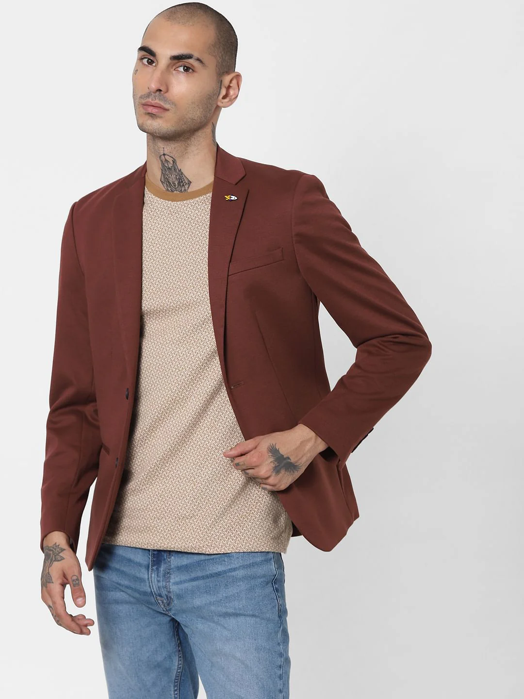 Brown Jacquard Crew Neck T-shirt