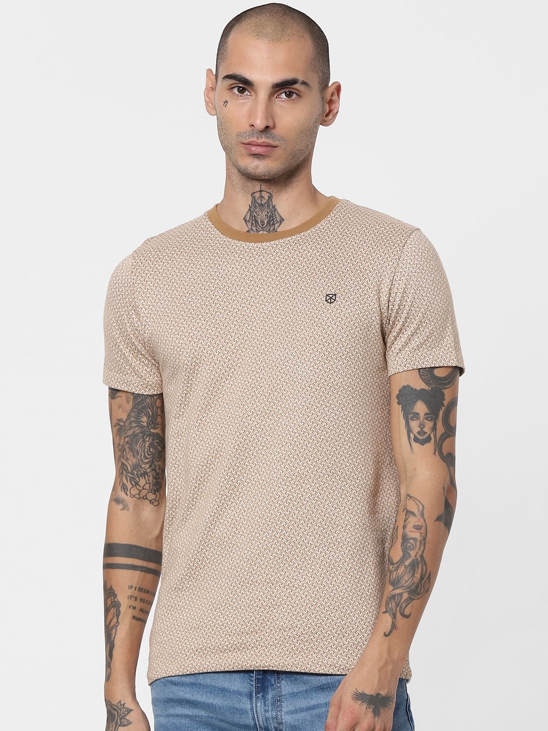 Brown Jacquard Crew Neck T-shirt - Image 2