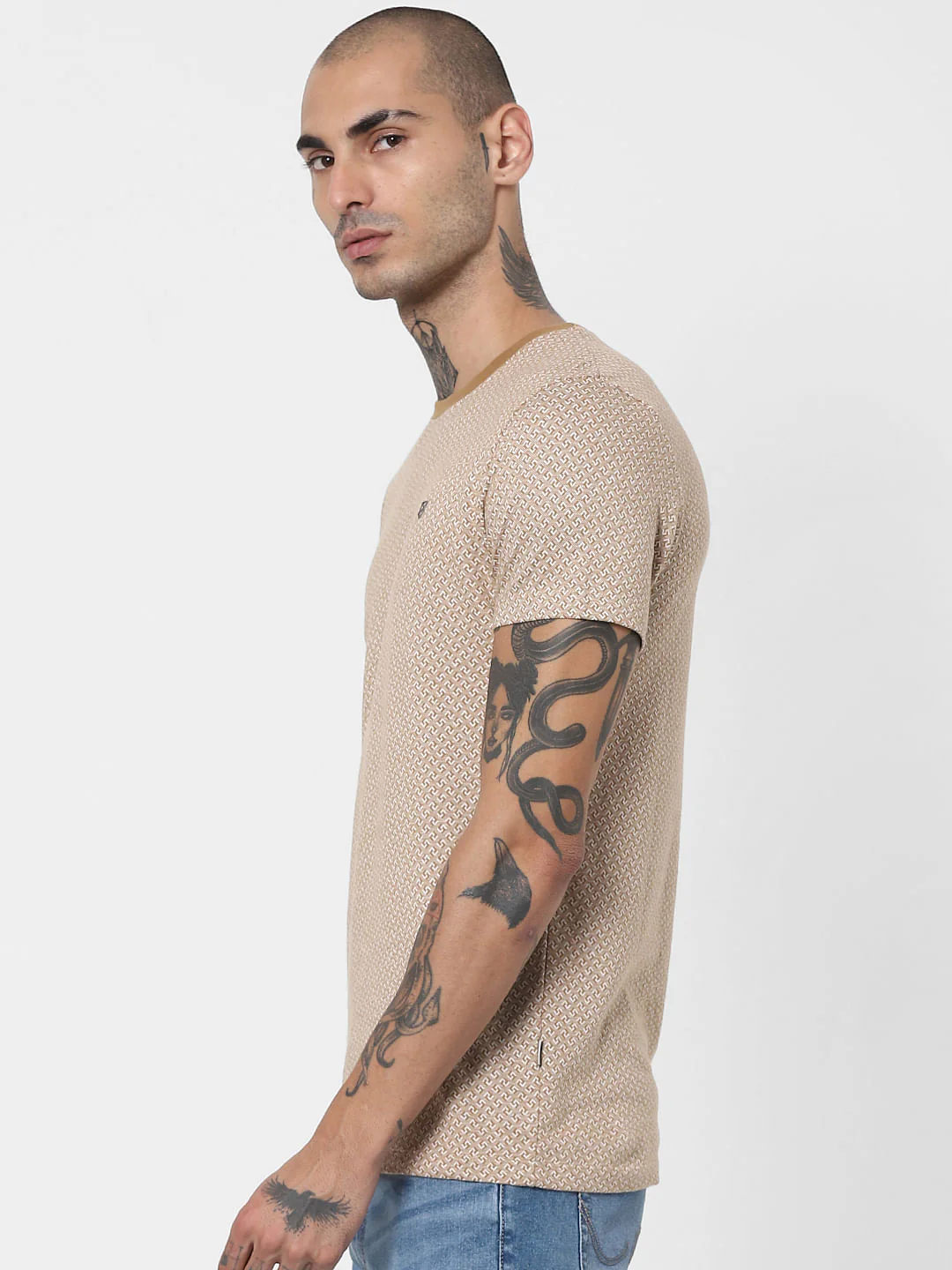 Brown Jacquard Crew Neck T-shirt - Image 3