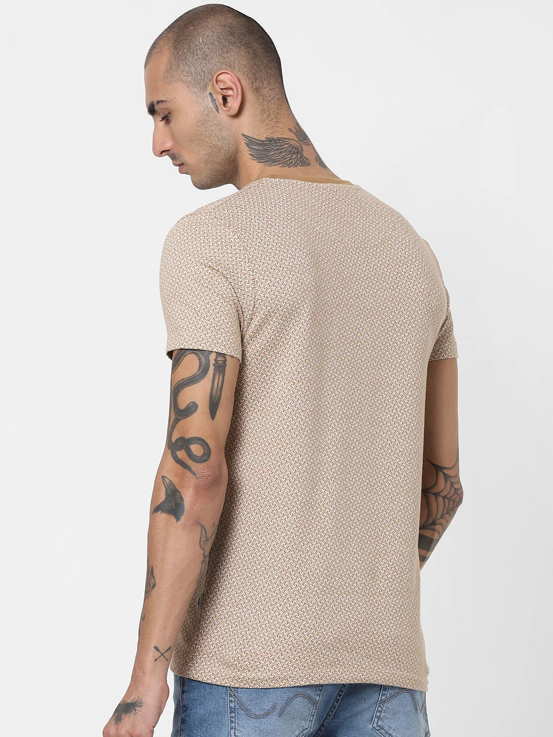 Brown Jacquard Crew Neck T-shirt - Image 4