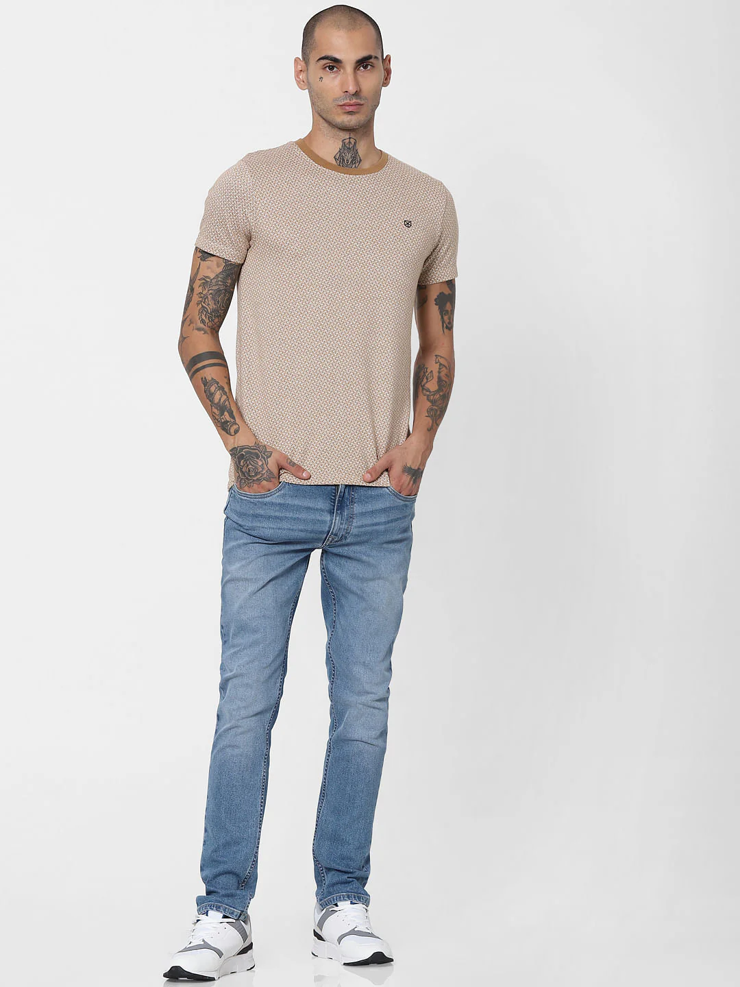 Brown Jacquard Crew Neck T-shirt - Image 6