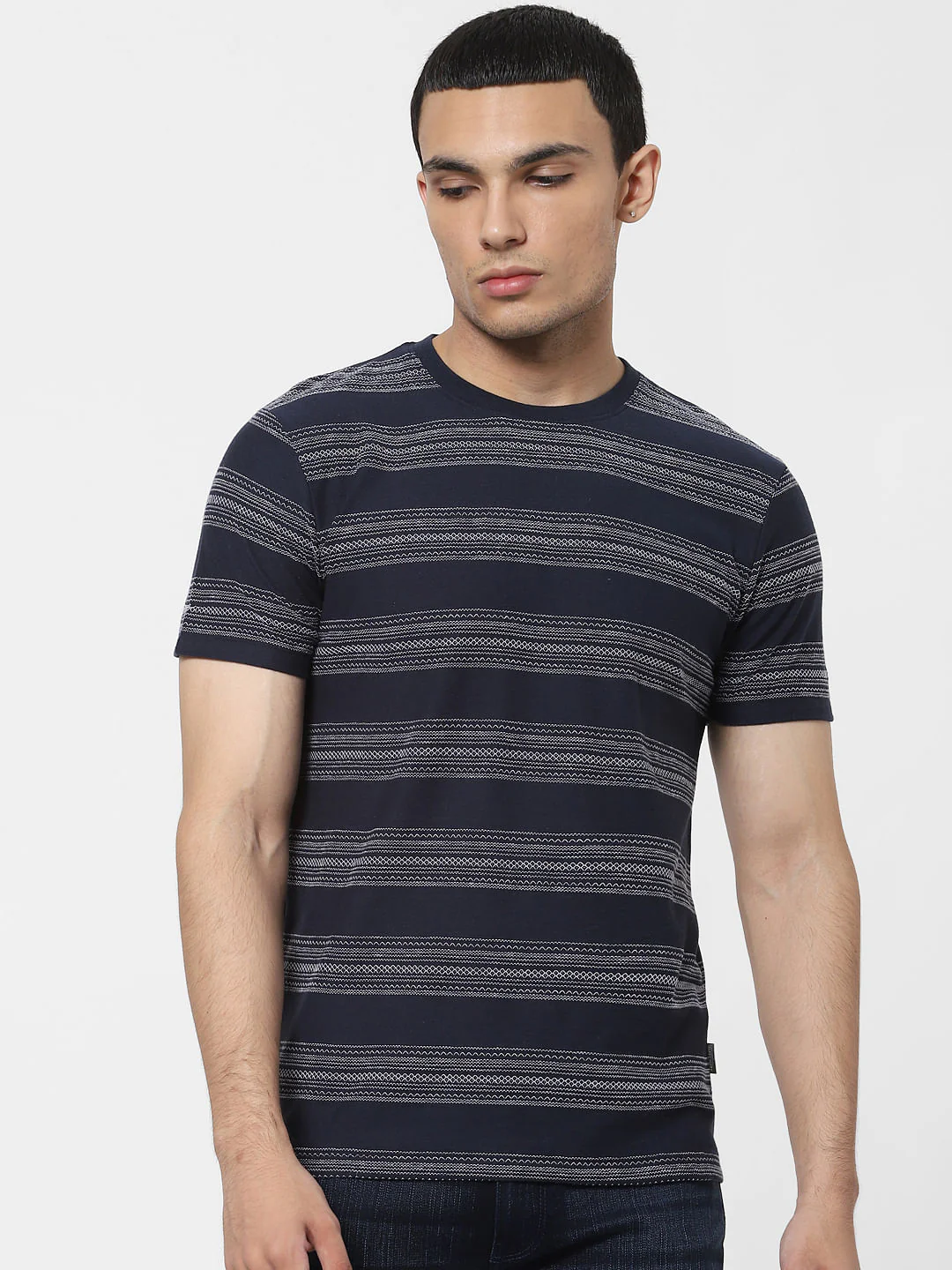 Blue Jacquard Striped Crew Neck T-shirt - Image 2
