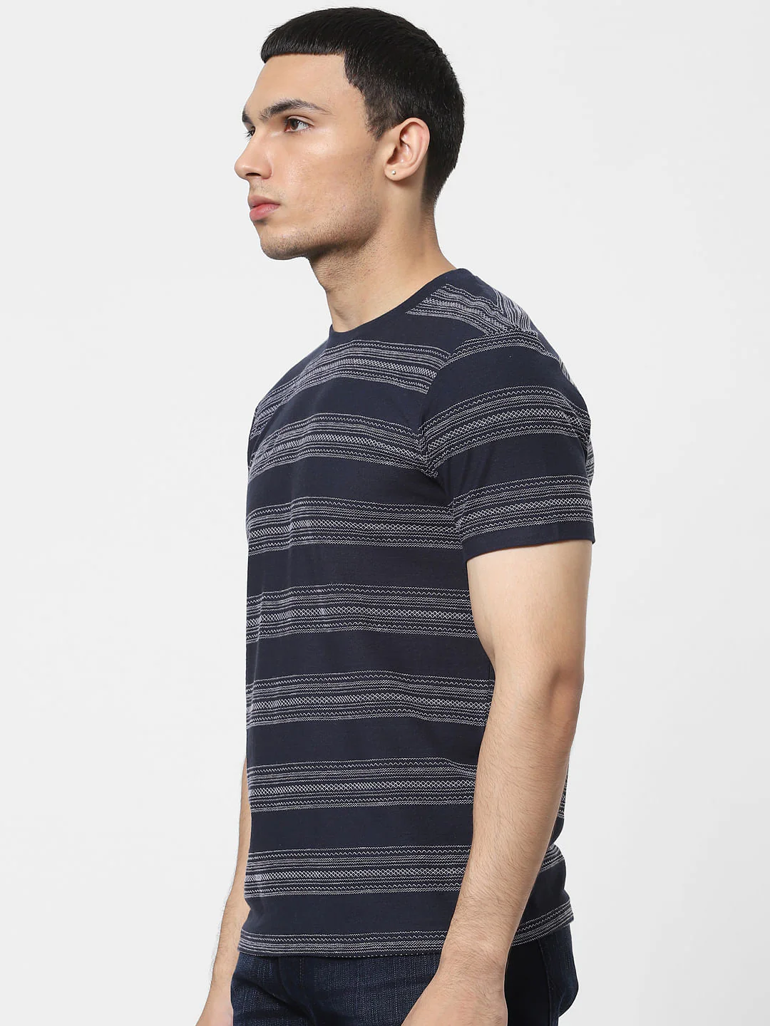 Blue Jacquard Striped Crew Neck T-shirt - Image 3