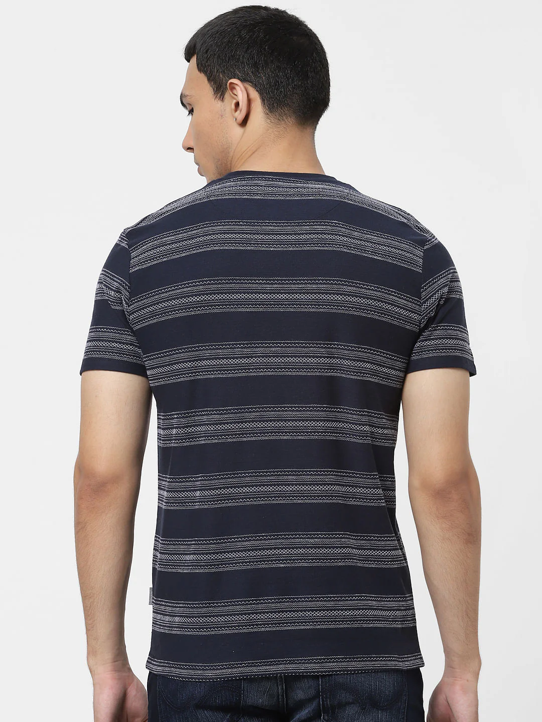 Blue Jacquard Striped Crew Neck T-shirt - Image 4
