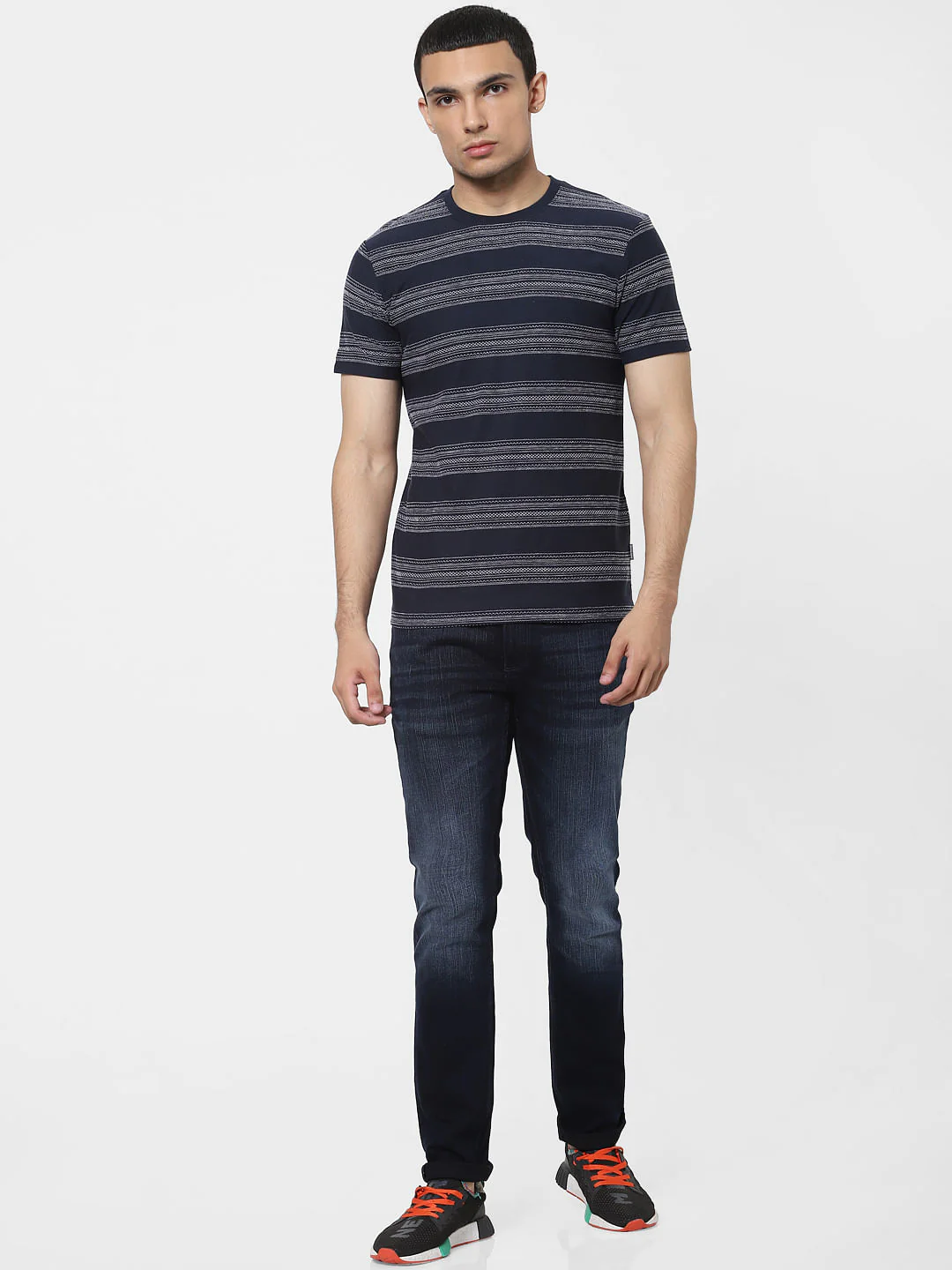 Blue Jacquard Striped Crew Neck T-shirt - Image 6