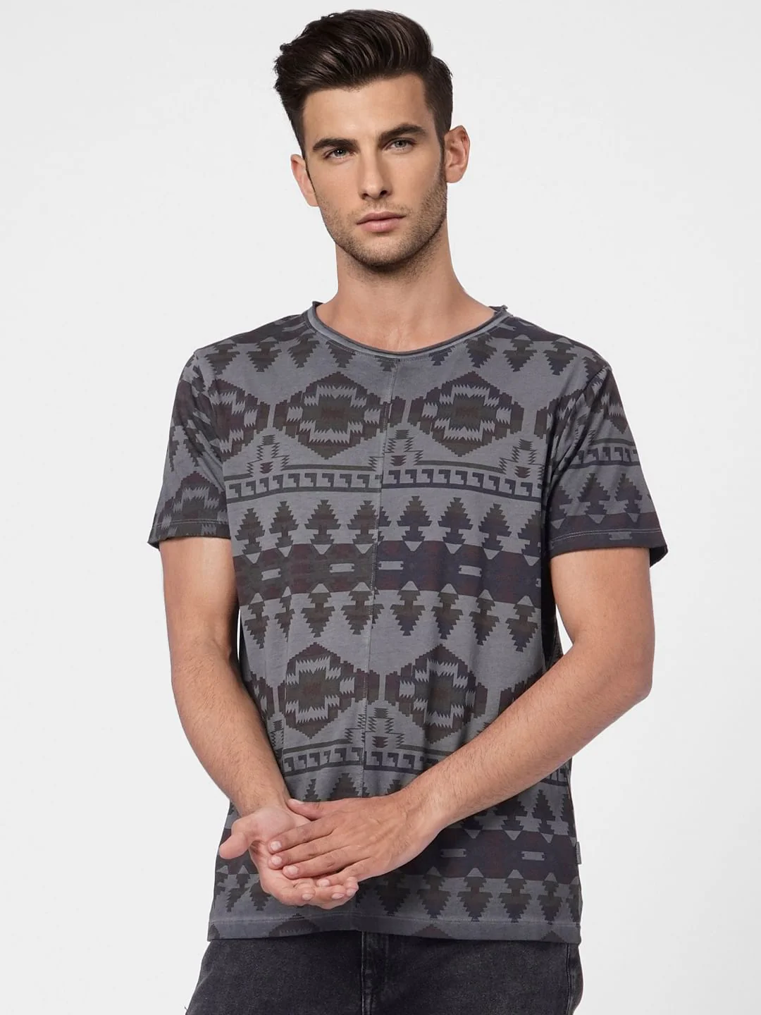 Grey Aztec Print Crew Neck T-shirt - Image 2
