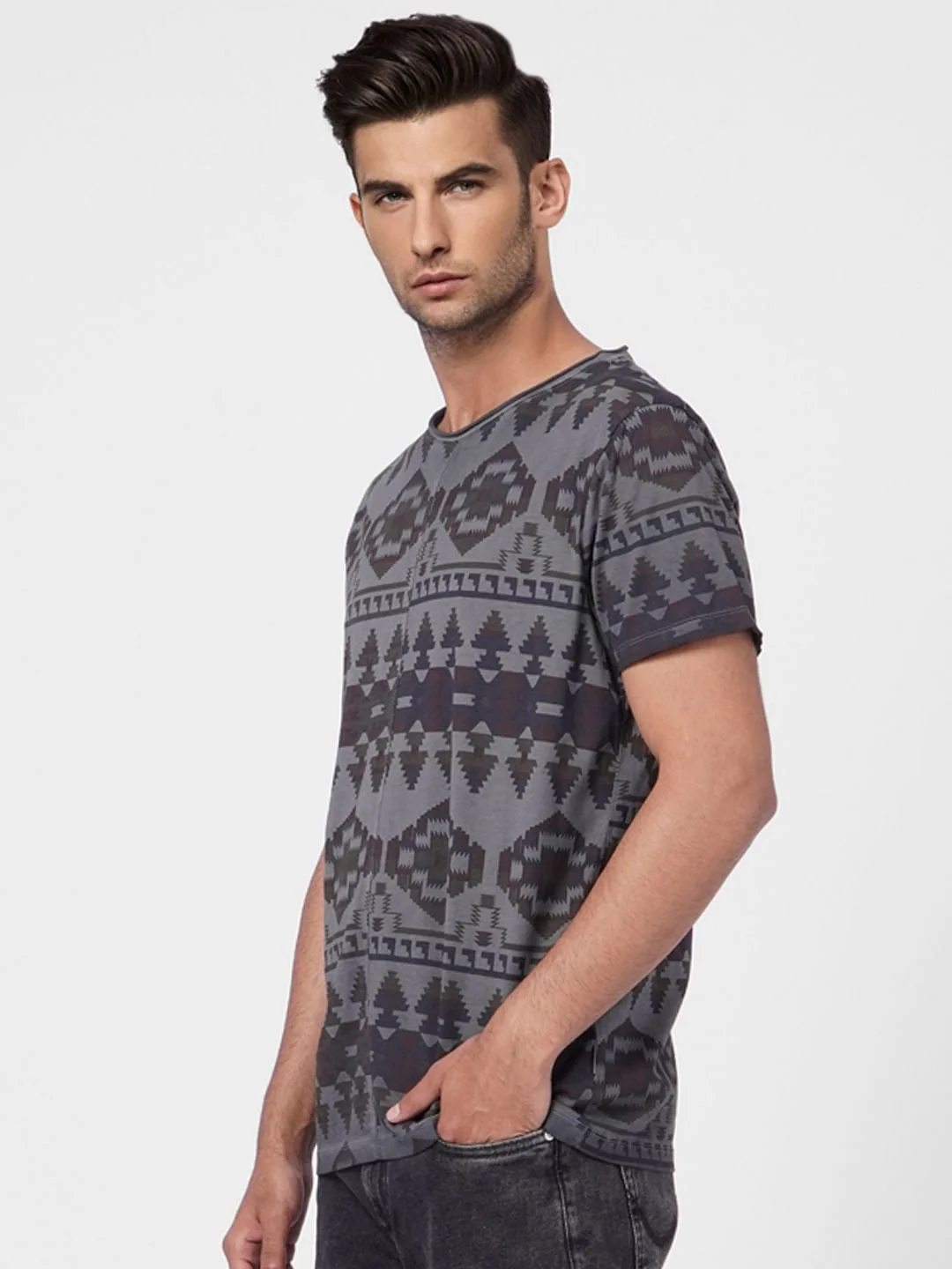 Grey Aztec Print Crew Neck T-shirt - Image 3