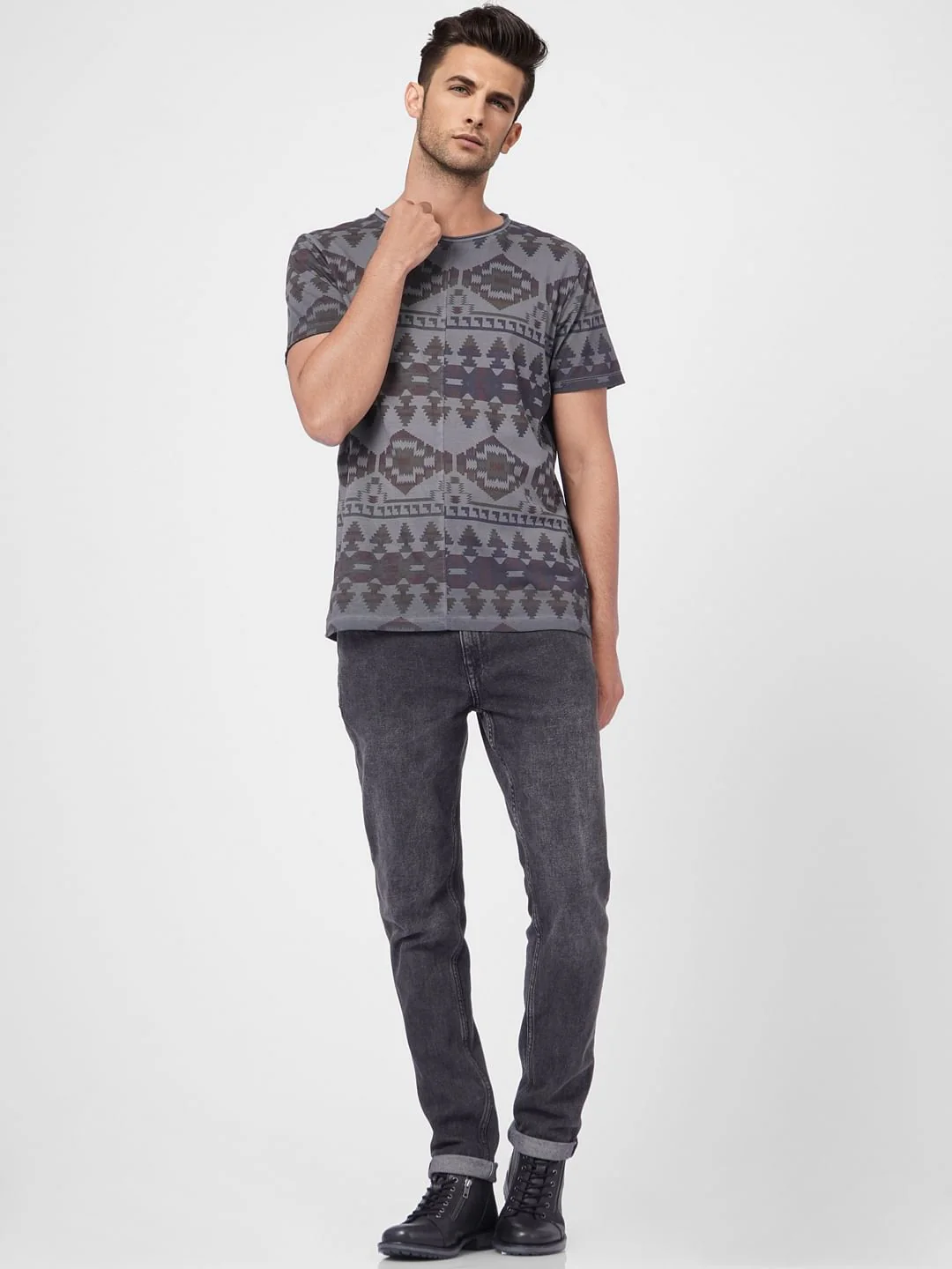 Grey Aztec Print Crew Neck T-shirt - Image 6