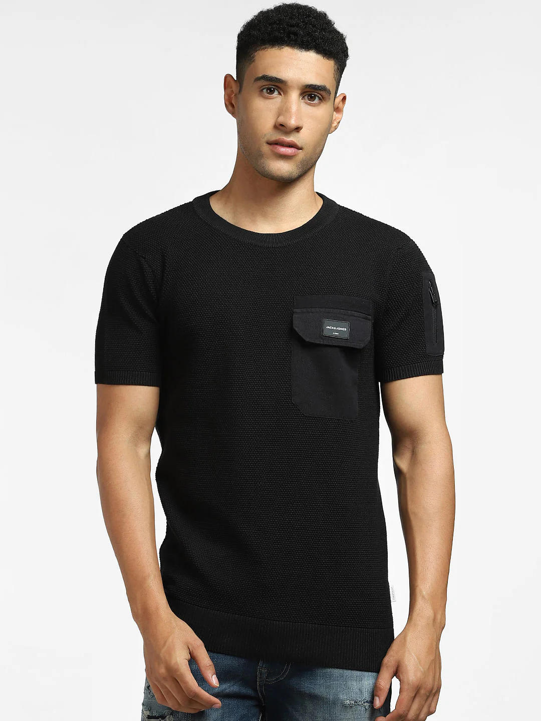 Black Knit Crew Neck T-shirt - Image 2