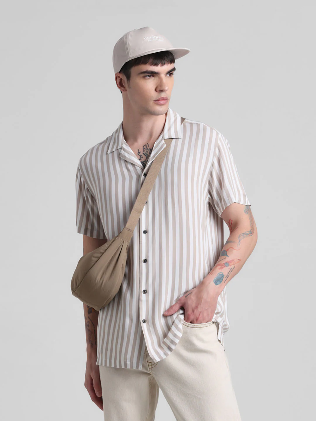 Beige Striped Short Sleeves Shirt