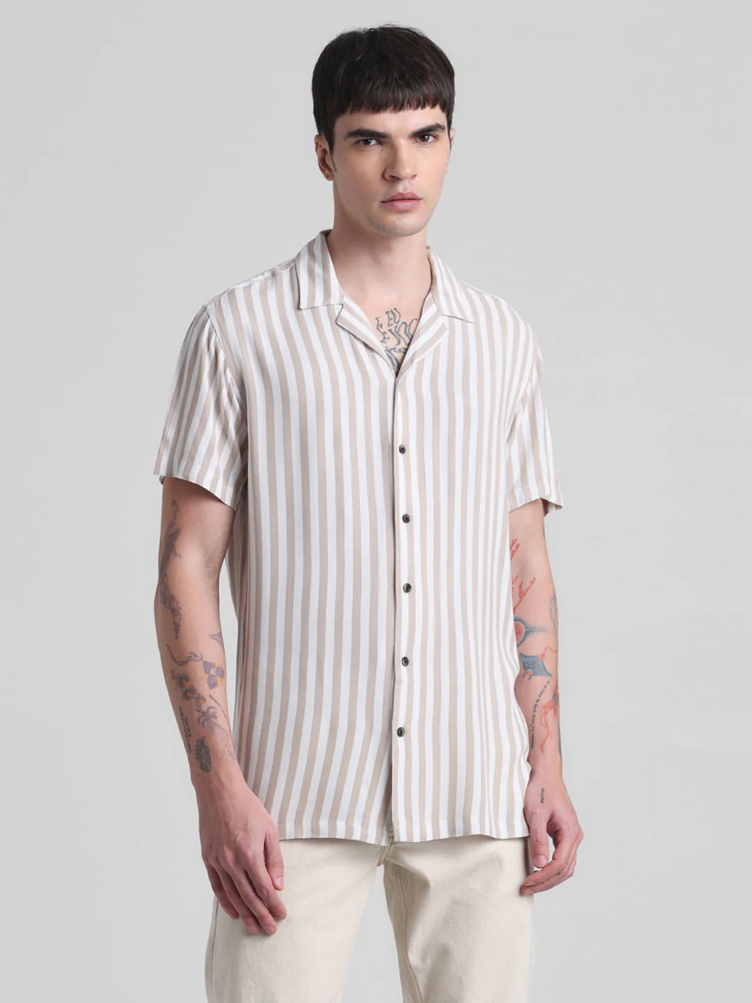 Beige Striped Short Sleeves Shirt - Image 2
