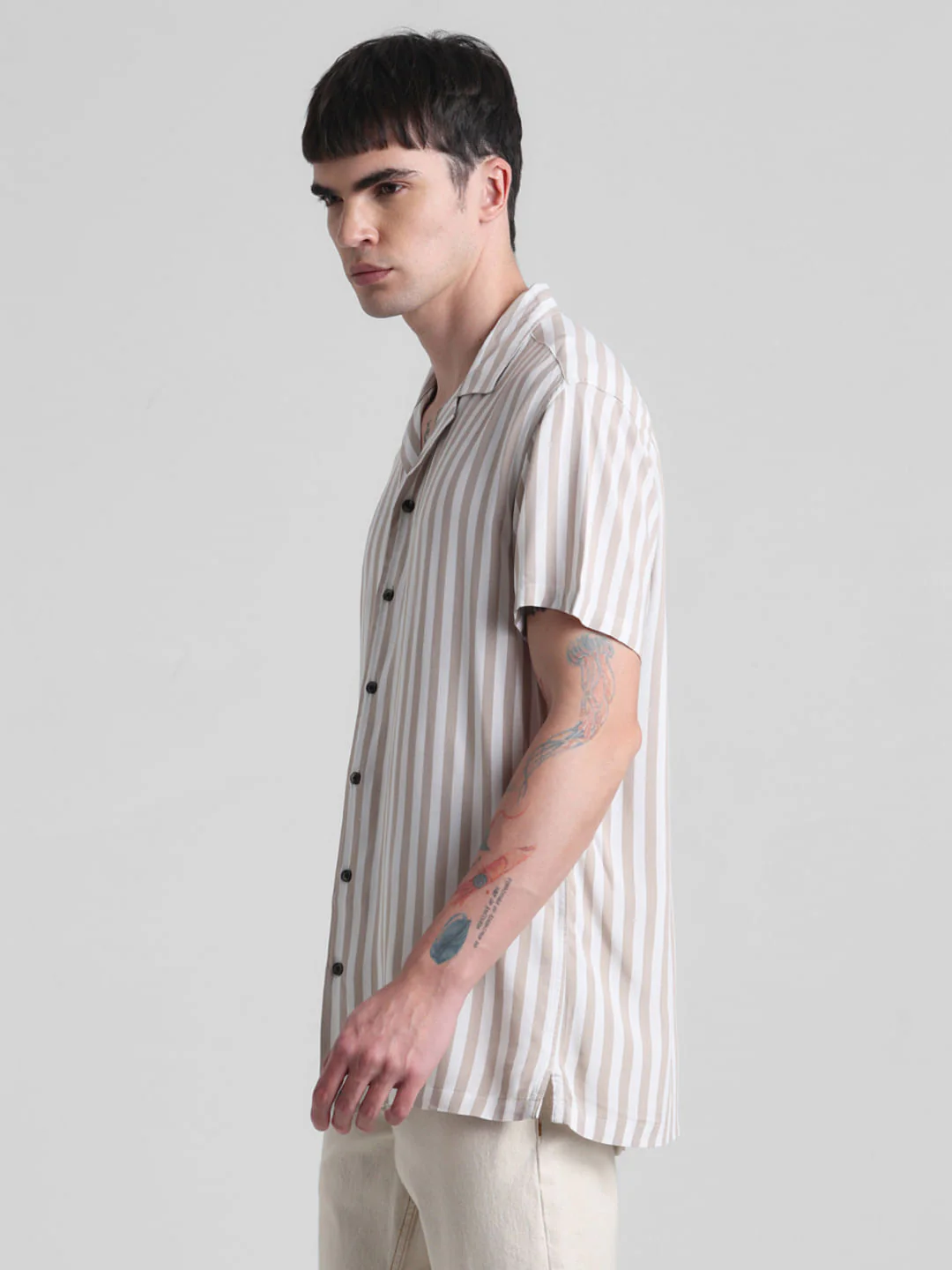 Beige Striped Short Sleeves Shirt - Image 3