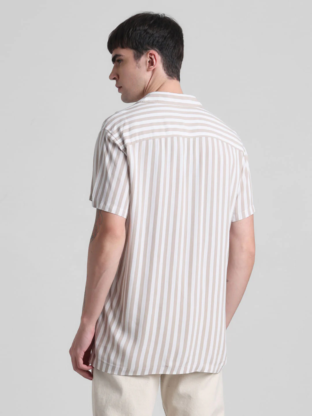 Beige Striped Short Sleeves Shirt - Image 4