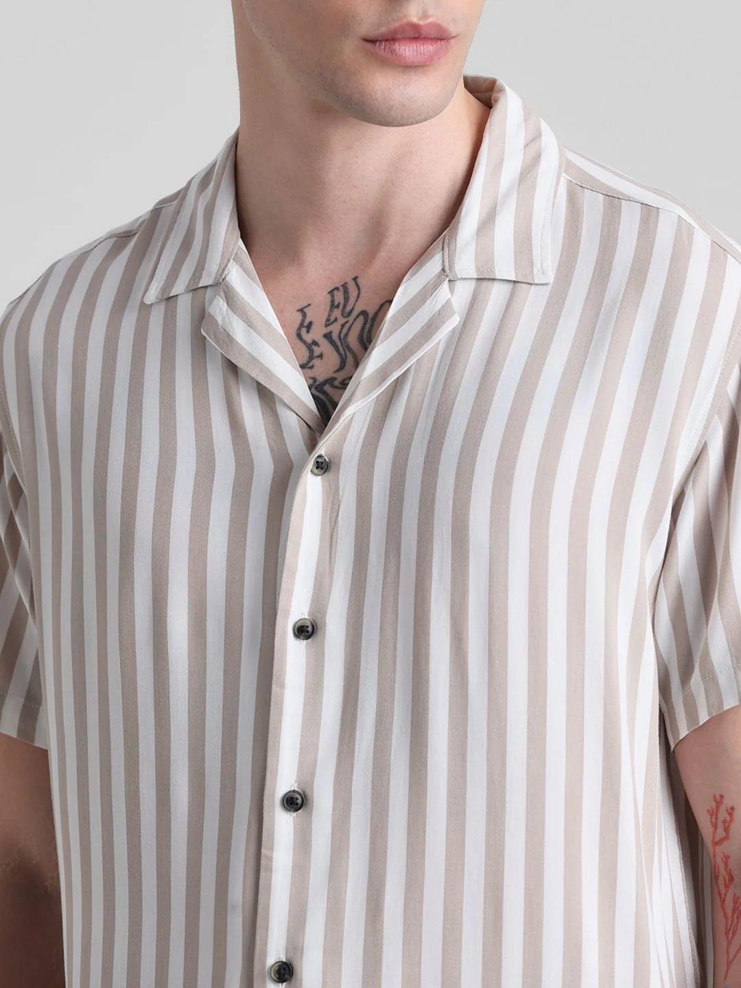 Beige Striped Short Sleeves Shirt - Image 5