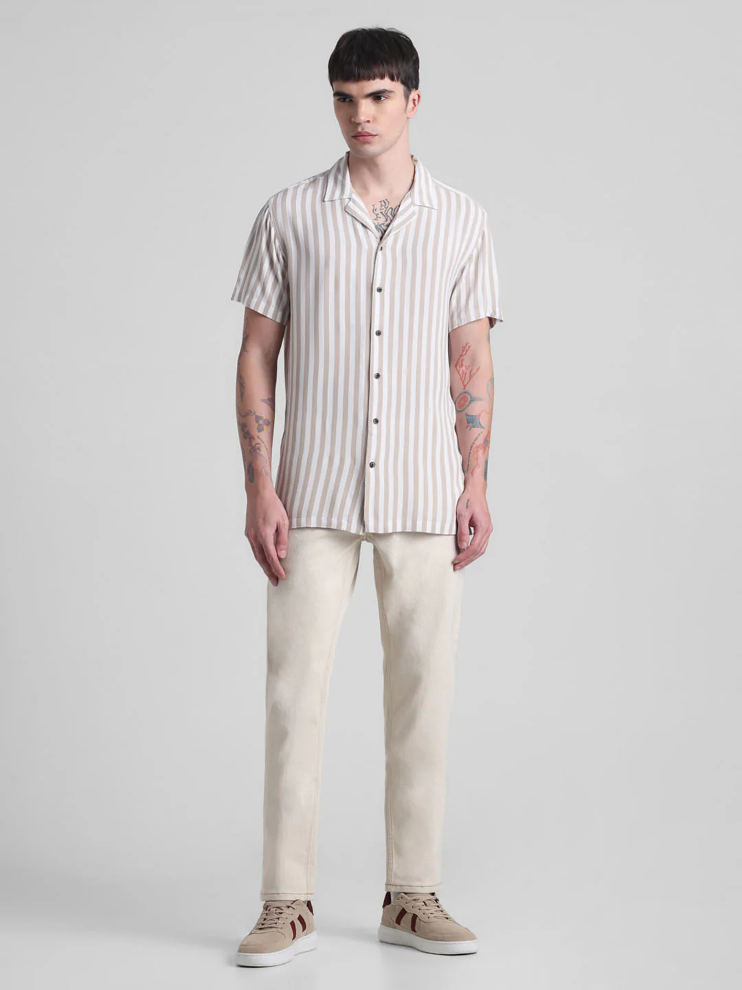 Beige Striped Short Sleeves Shirt - Image 6