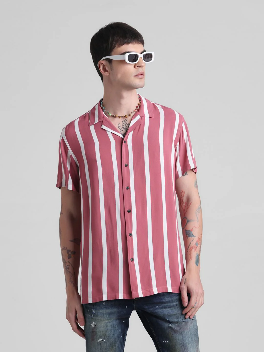 Pink Striped Short Sleeves Shirt