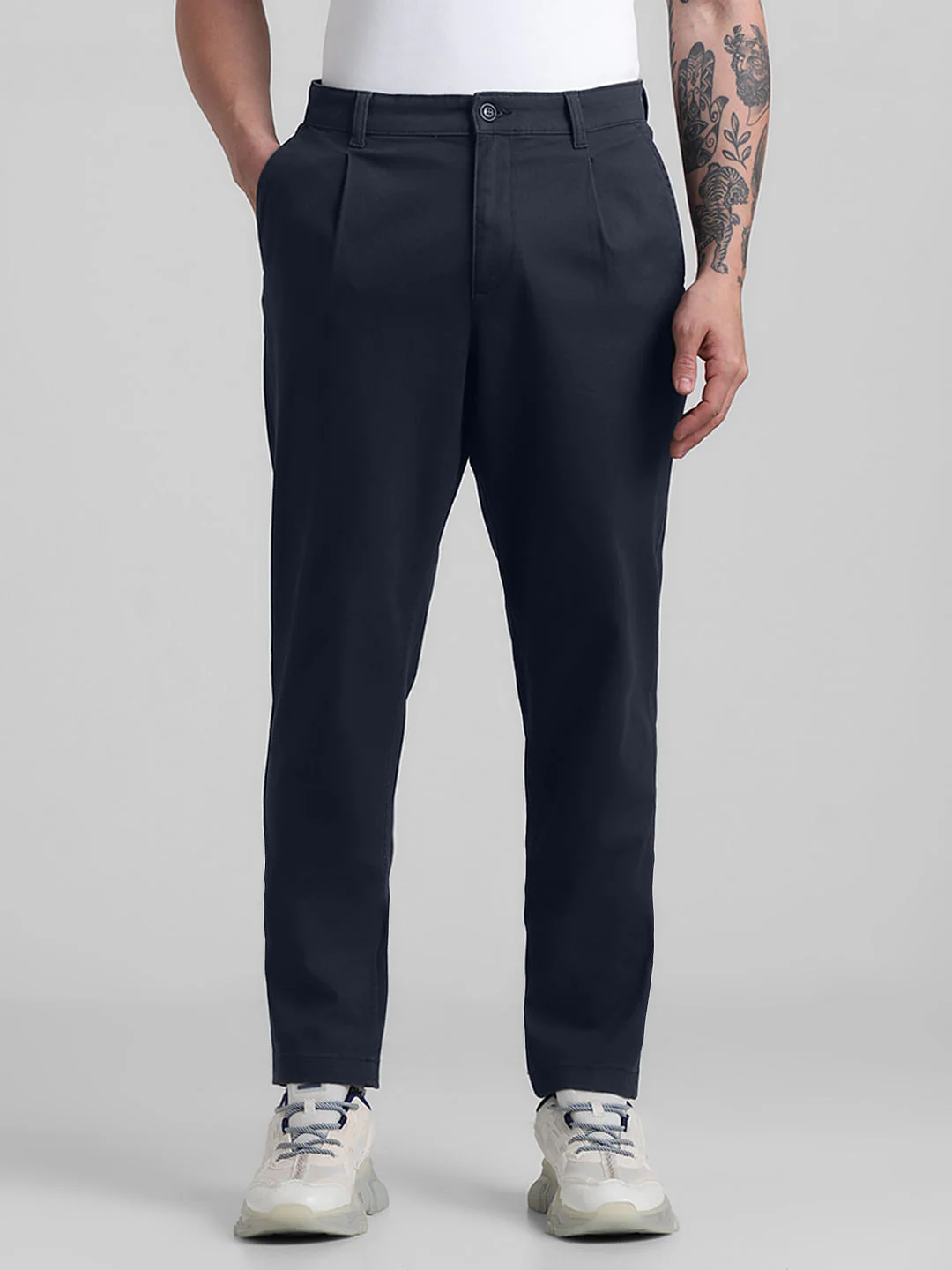 Navy Blue Mid Rise Pleated Chinos