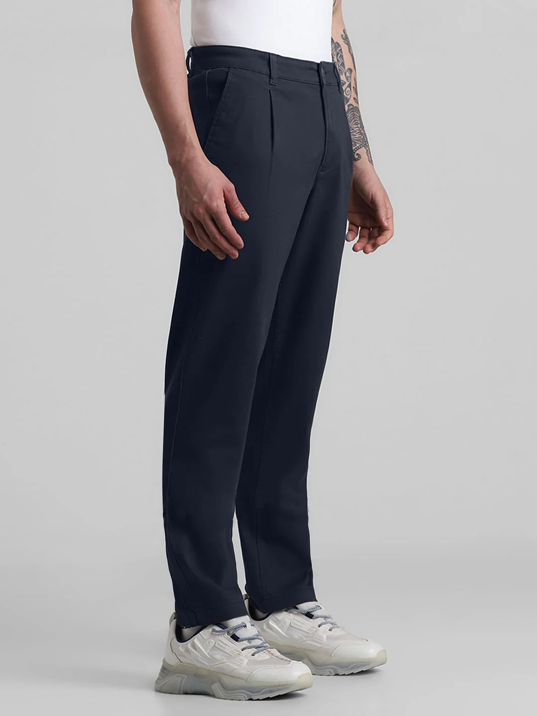 Navy Blue Mid Rise Pleated Chinos - Image 2
