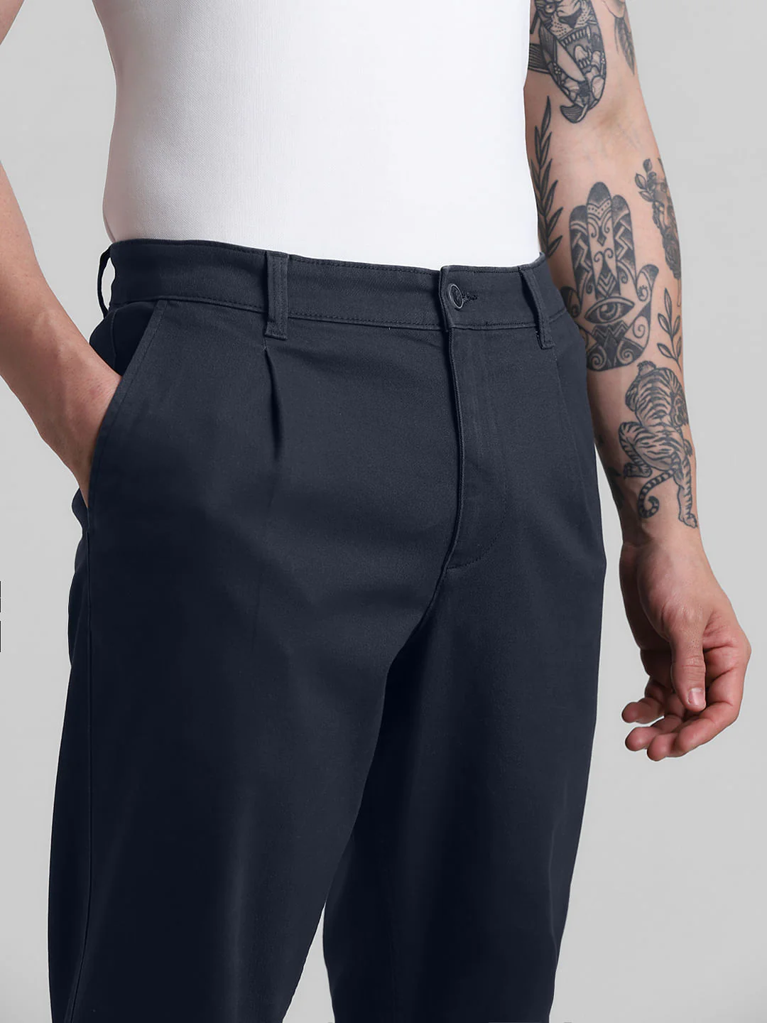 Navy Blue Mid Rise Pleated Chinos - Image 4