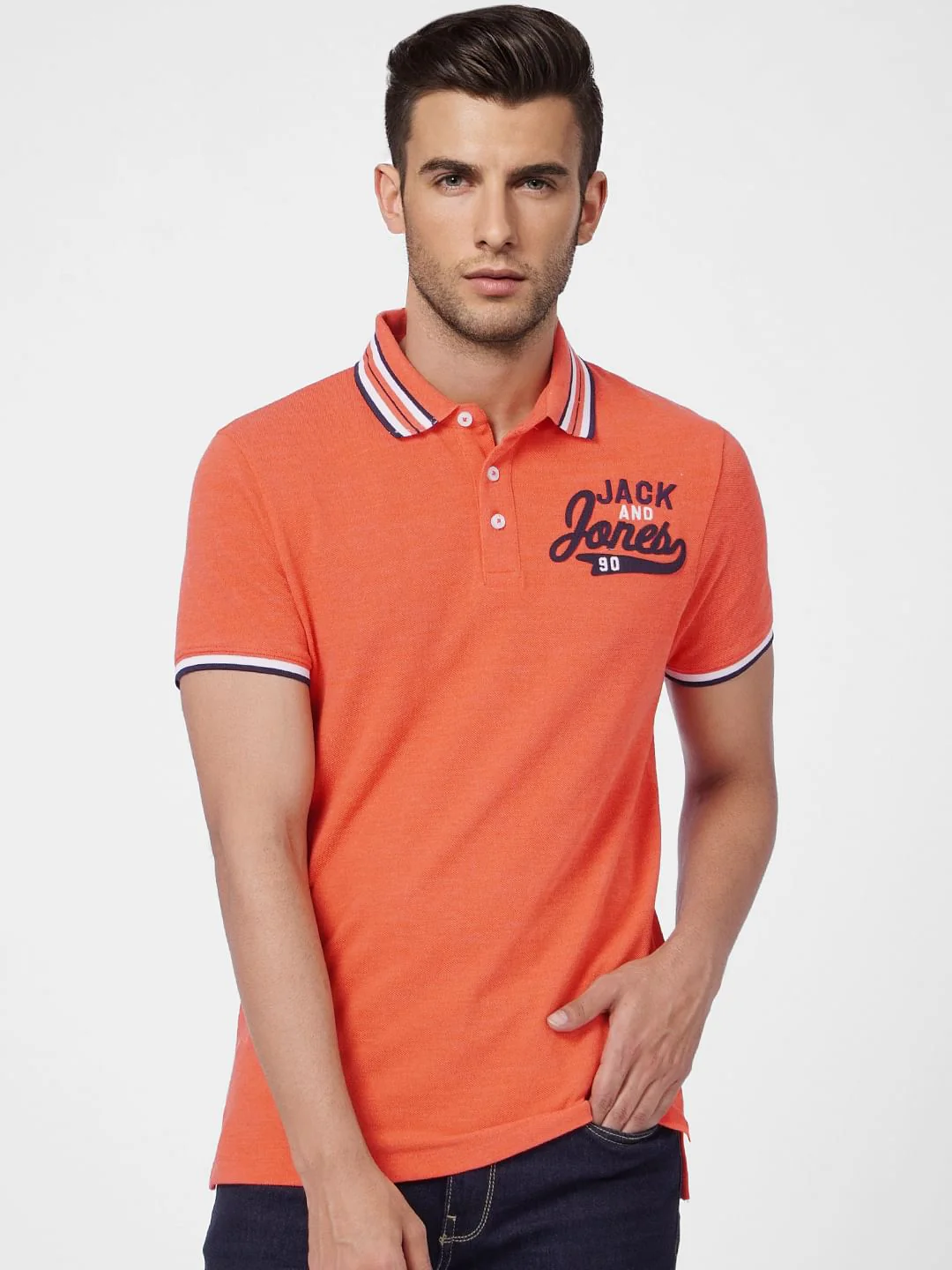 Orange Contrast Tipping Polo Neck T-shirt - Image 2