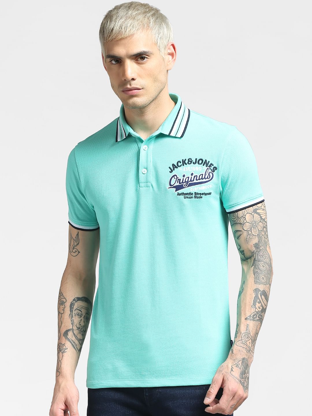 Blue Contrast Tipping Polo Neck T-shirt - Image 2