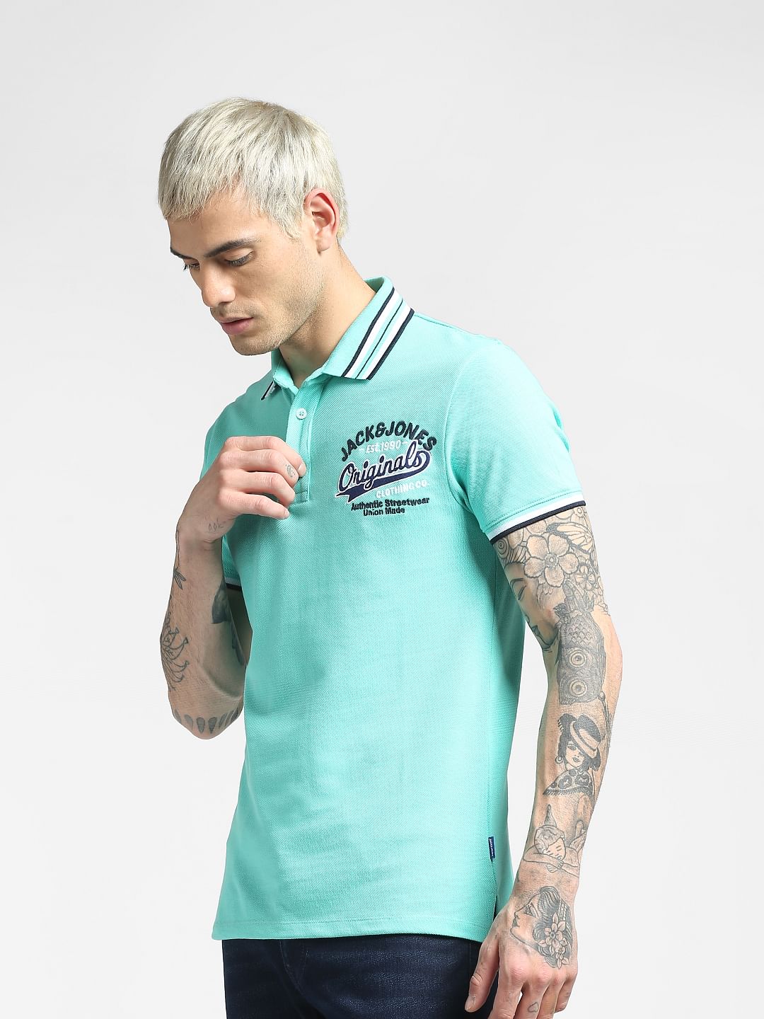 Blue Contrast Tipping Polo Neck T-shirt - Image 3