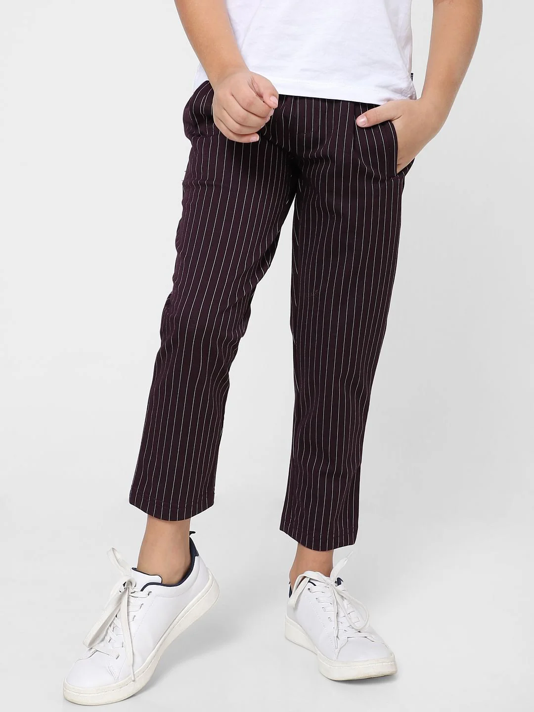 Boys Burgundy Low Rise Striped Pants - Image 2