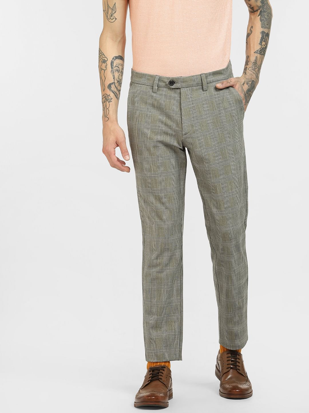 Grey Mid Rise Check Pants - Image 2