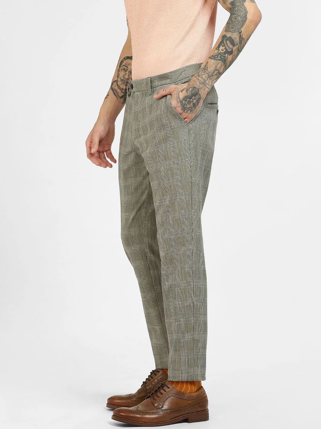 Grey Mid Rise Check Pants - Image 3