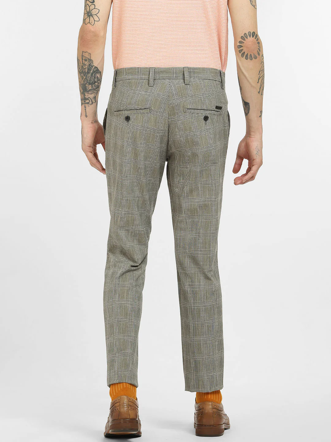 Grey Mid Rise Check Pants - Image 4