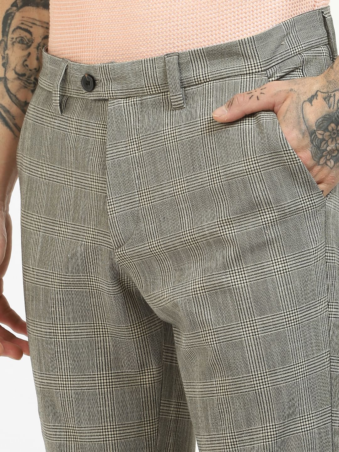 Grey Mid Rise Check Pants - Image 5