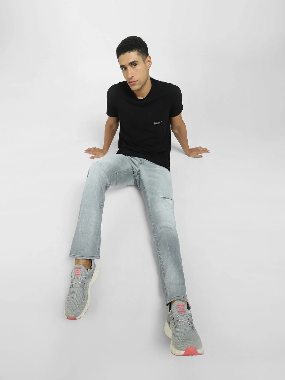 Grey Low Rise Distressed Tim Anti Fit Jeans