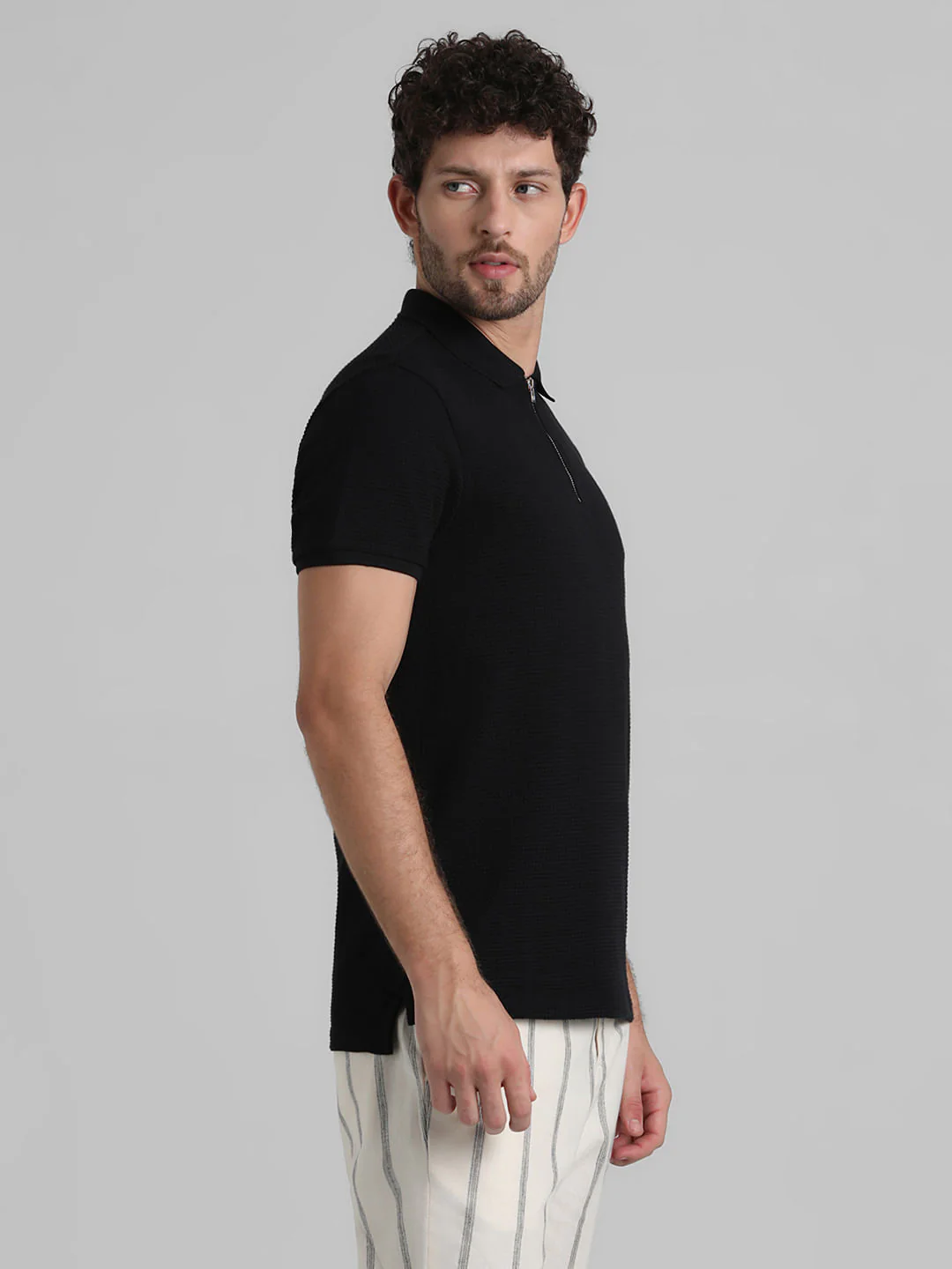 Black Zip-Up Jacquard Polo T-shirt - Image 3