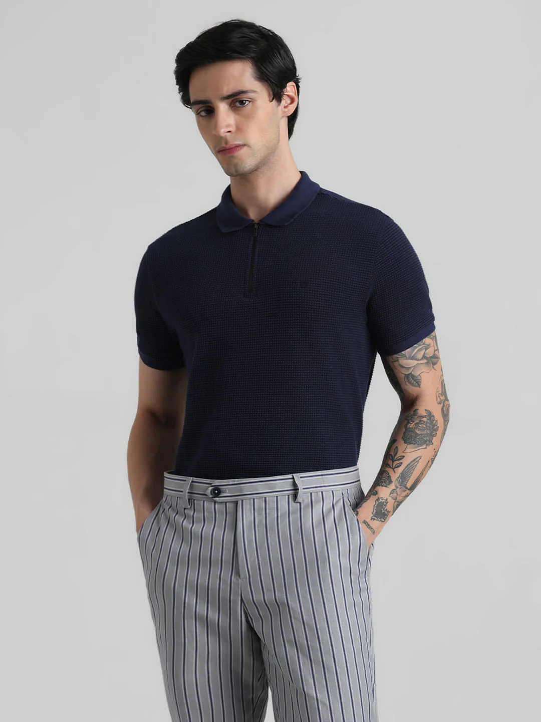 Dark Blue Zip-Up Jacquard Polo T-shirt - Image 2
