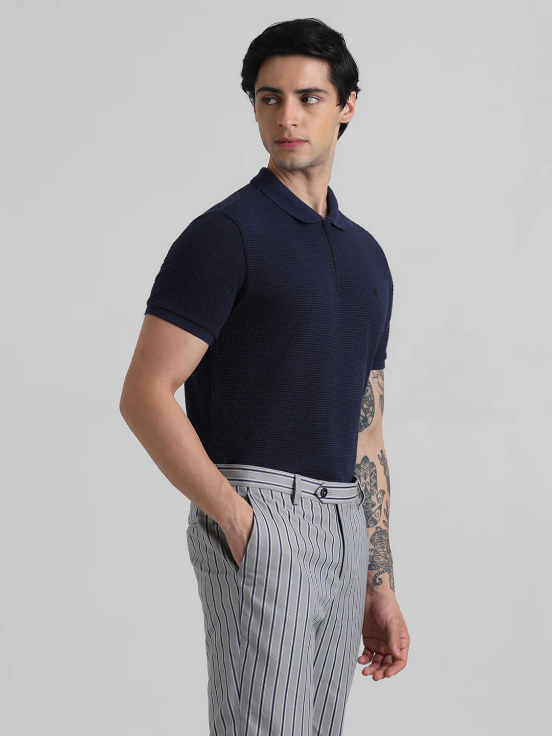 Dark Blue Zip-Up Jacquard Polo T-shirt - Image 3