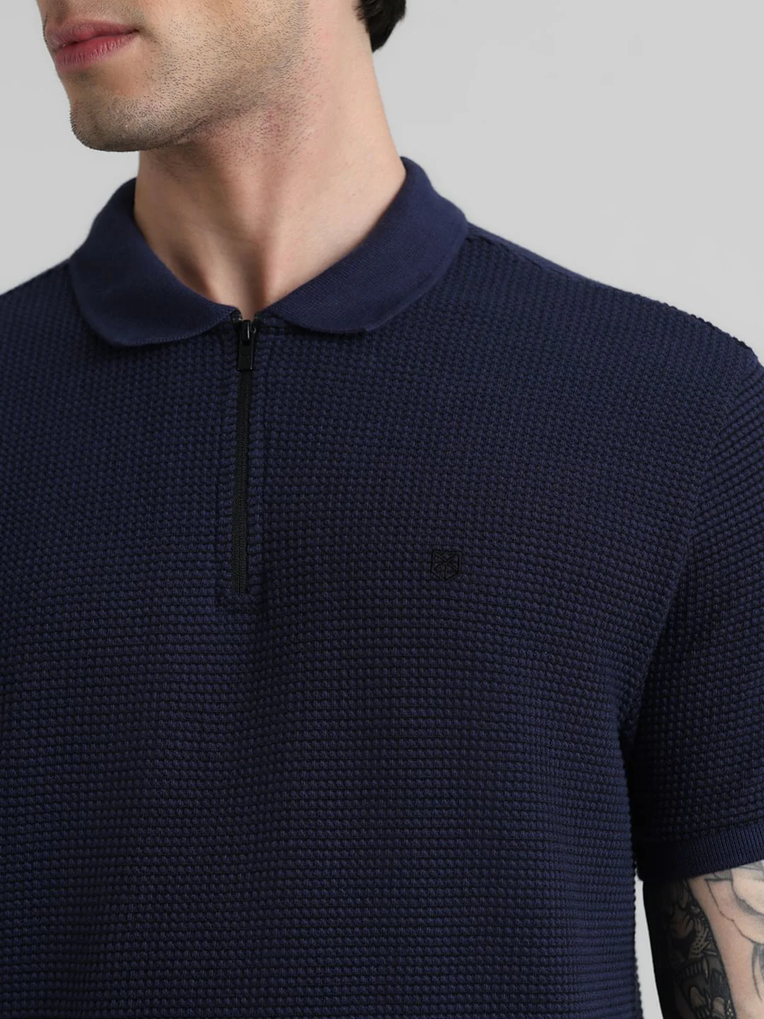 Dark Blue Zip-Up Jacquard Polo T-shirt - Image 5
